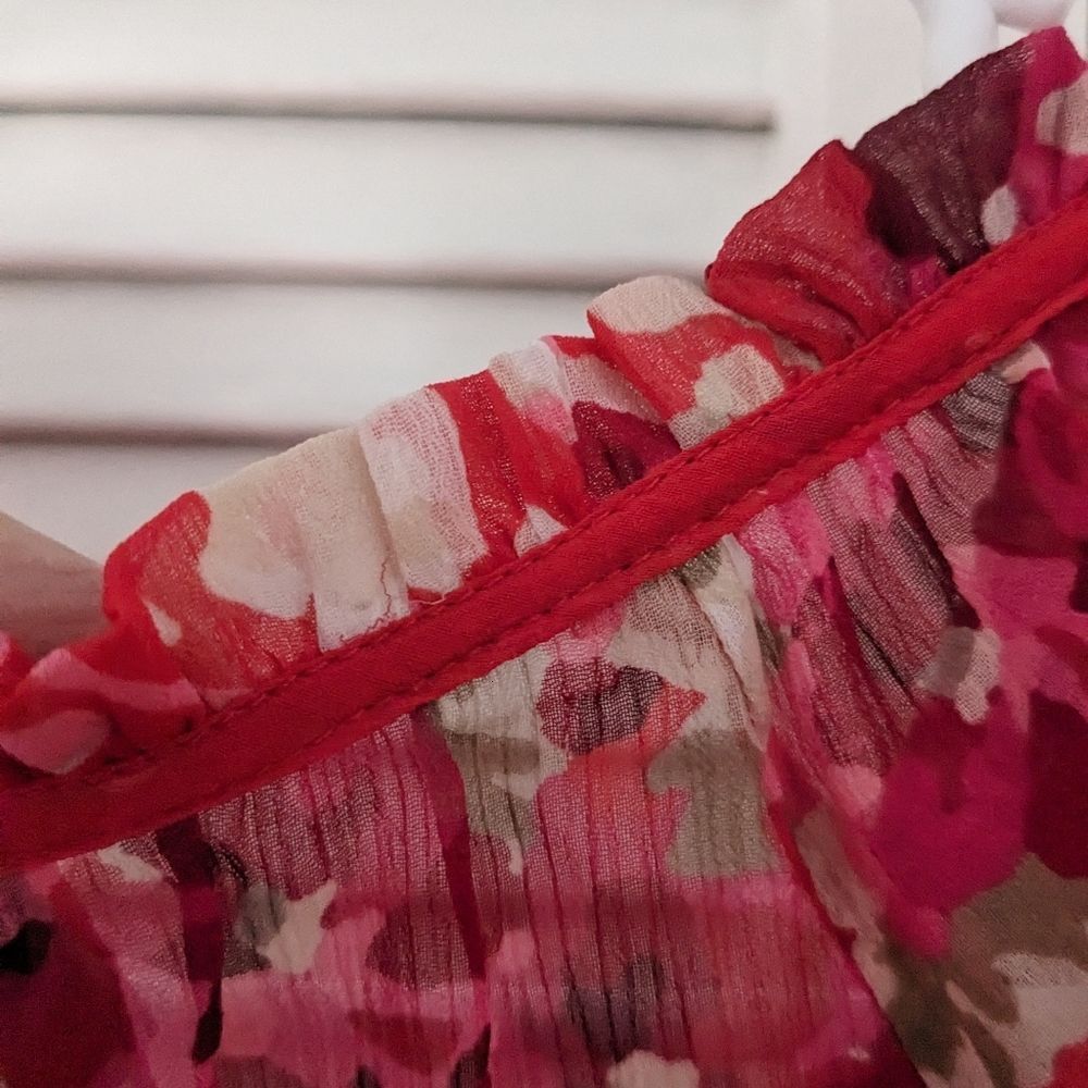 Express Womens sz M Boho Fuschia/Red/Pink Floral Sheer Top w/Ruffles Blouson - Picture 9 of 13